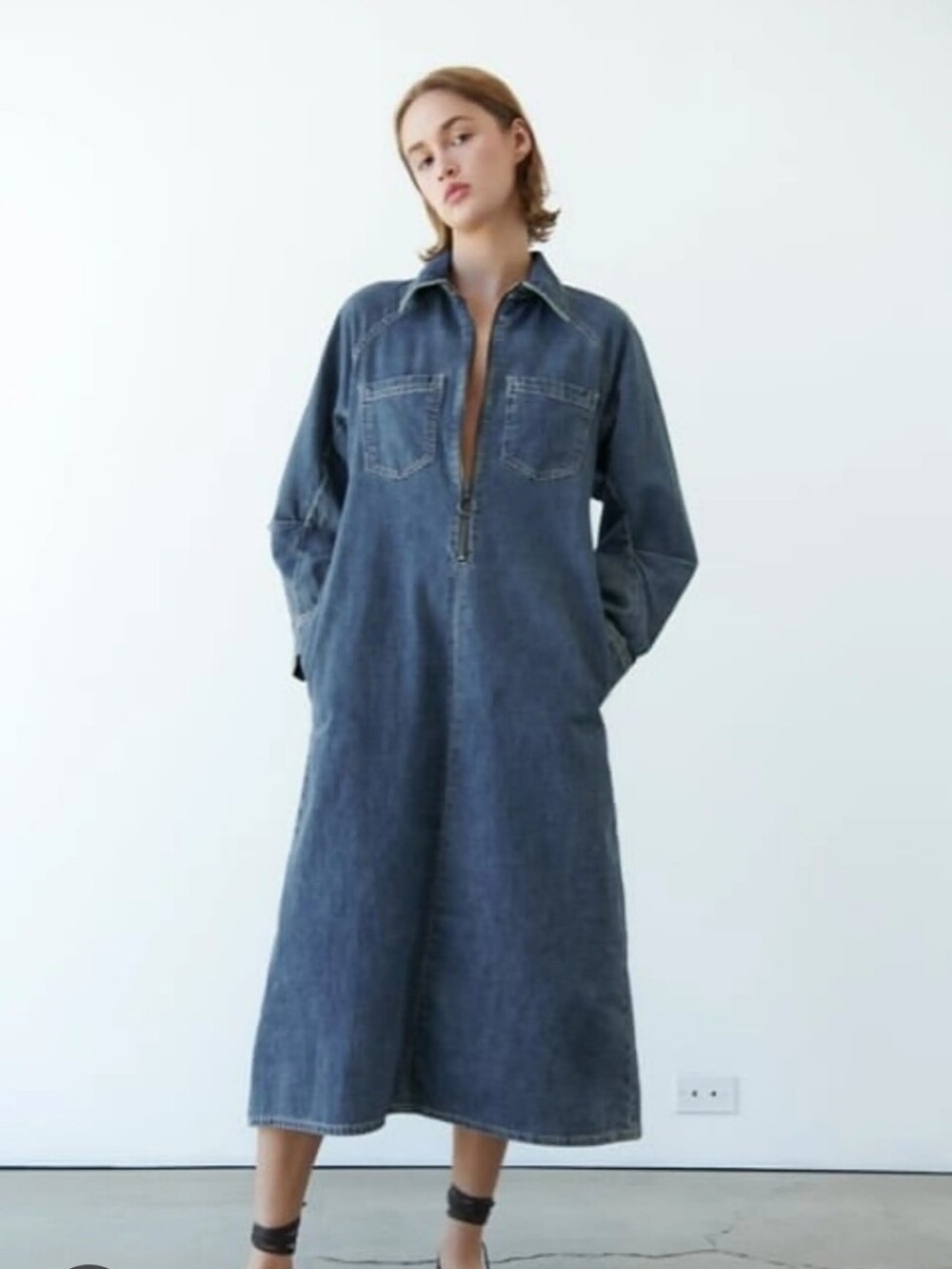 Zara Womens Small Denim Midi Shirt Dress With Half Zip Up